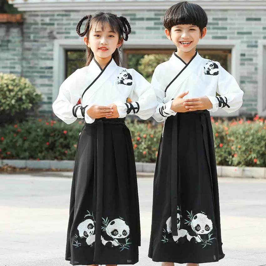 Одежда для мальчиков и девочек Hanfu китайские традиционные костюмы панды бамбук