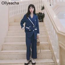 Ollyeacha Blazer elegante de dos piezas para mujer, traje de oficina con doble botonadura, chaqueta azul, abrigo y pantalones, 2022