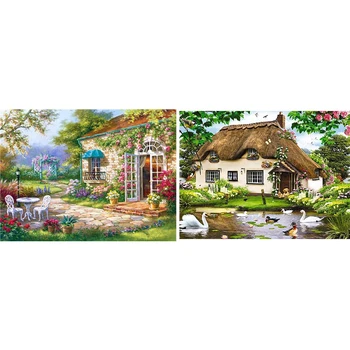 

2 Set Full Square Diamond Painting Cross Stitch 5D Diy Diamond Embroidery Mountain Forest Villa + Lake Swan House