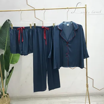 

Fiklyc Pajamas Women Spring And Summer Ice Silk Luxury Three-Piece Sexy Thin Section Short-Sleeved Trousers Home Service