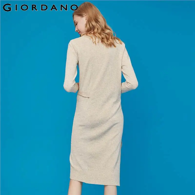 Giordano женское платье Стильный пояс вязаный Vestidos Creneck с длинными рукавами сладкий Одноцветный халат Femme 94469042