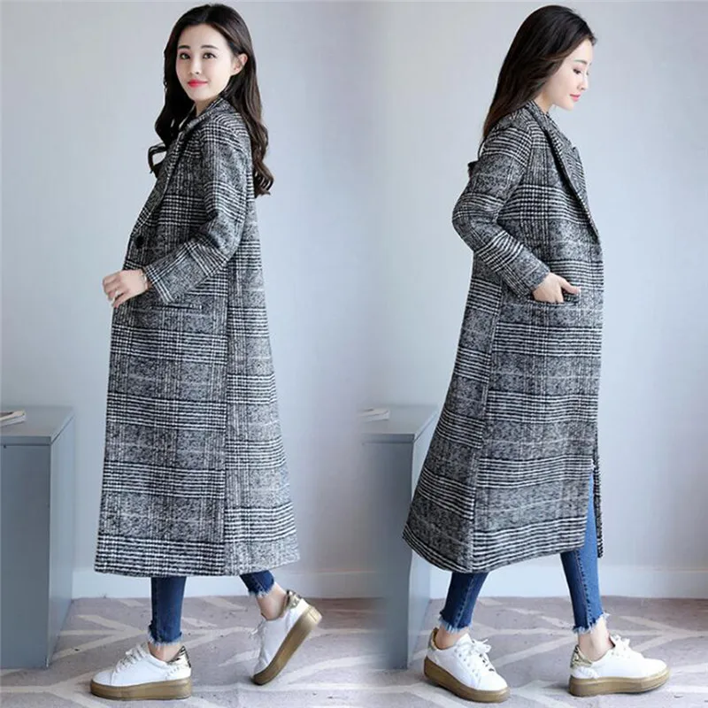 Весна осень Женское шерстяное клетчатое пальто новая мода длинное шерстяное пальто облегающее Женское зимнее шерстяное пальто женская верхняя одежда