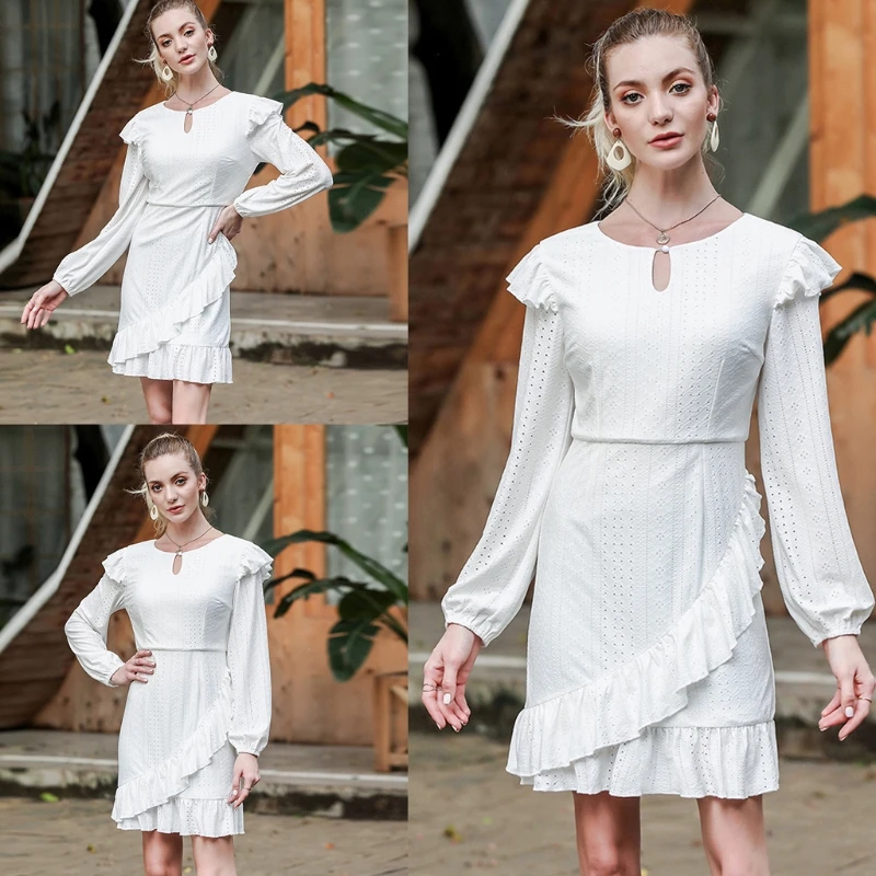 

Women Long Sleeves Round Neck Tunic Dress Hollow out Midi Dress Party Sundress