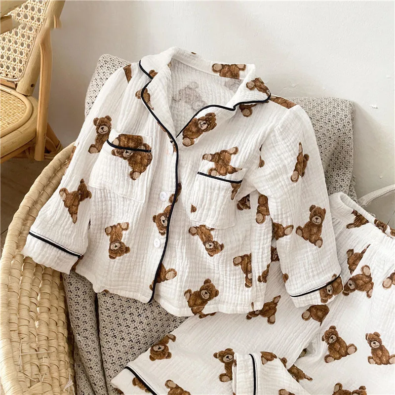 MILANCEL 2021 Autumn New Kids Pajamas Korean Long Sleeve Bear Cardigan And Pants Cotton Yarn 2 Pcs Sleepwear