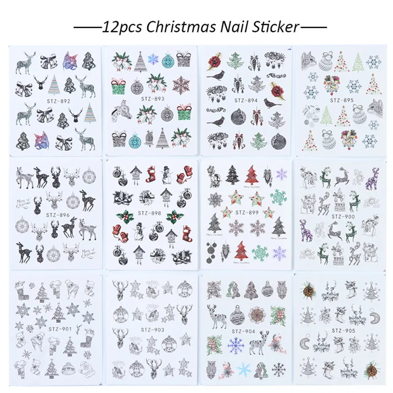 

12pc New Year Nail Art Transfer Sticker Full Wraps Set Christmas Winter Decal Snowflake Sliders Manicure Decoration Tools