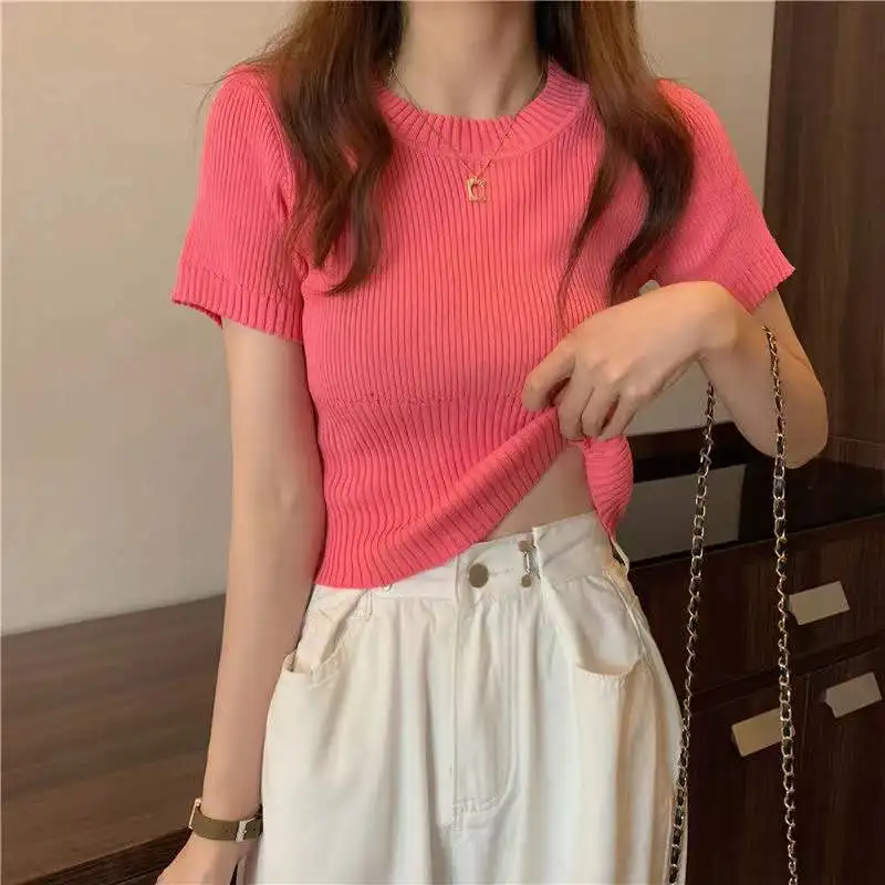 Summer Slim Thin Round Neck Solid Color Knitted Short-sleeved Pullover T-shirt Spring And Autumn New Fashion Bottoming Top