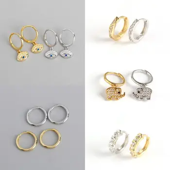 

2PCS Luxury S925 Sterling Silver Earrings For Women Girl Wedding Hoop Earrings Ear Bone Zircon Animal Elephant Evil Eye Earring