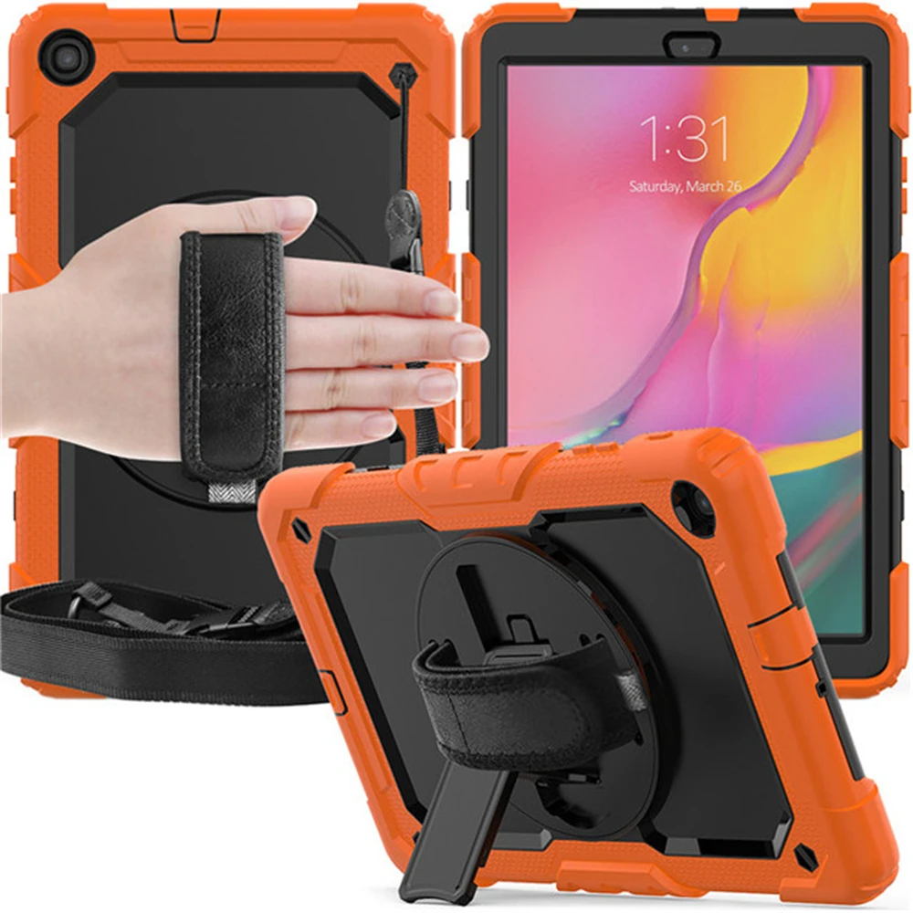 Вращающийся на 360 градусов чехол-подставка для samsung Galaxy Tab A 10,1 SM-T510 SM-T515 гибридный защитный чехол для планшета с плечевым ремнем+ пленка+ ручка - Цвет: Оранжевый