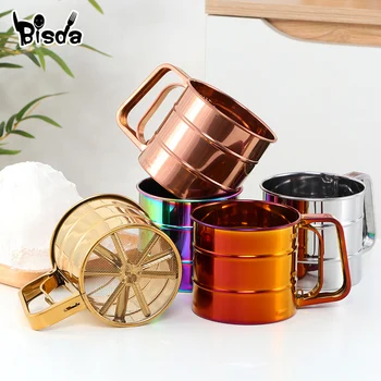 

Stainless Steel Flour Sieve Cup Gold Mesh Flour Sifter Baking Tool Round Powder Sieve With Scale Cakes Pastry Utensils