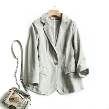 

[EWQ] 2020 Spring Summer New Pattern Cotton Linen Blazers Notched Streiped Patchwork Single Button Japan Stle Coat Women 3AJ263