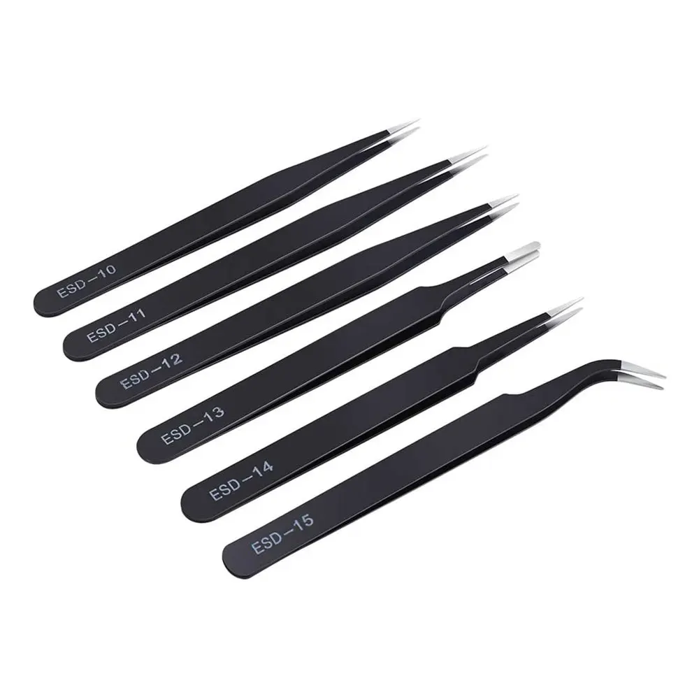 6PCS Precision Tweezers Set Upgraded Anti Static Stainless Steel Curved of Tweezers for