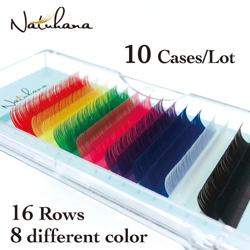 

NATUHANA 10Cases/Lot Red Pink Brown Purple Blue Green White Yellow Mix Color EyeLash Extension Colourful Mink False Eye Lashes