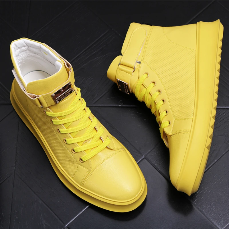 high quality men luxury fashion all-match boots breathable genuine leather shoes flat platform ankle boot white yellow botas man