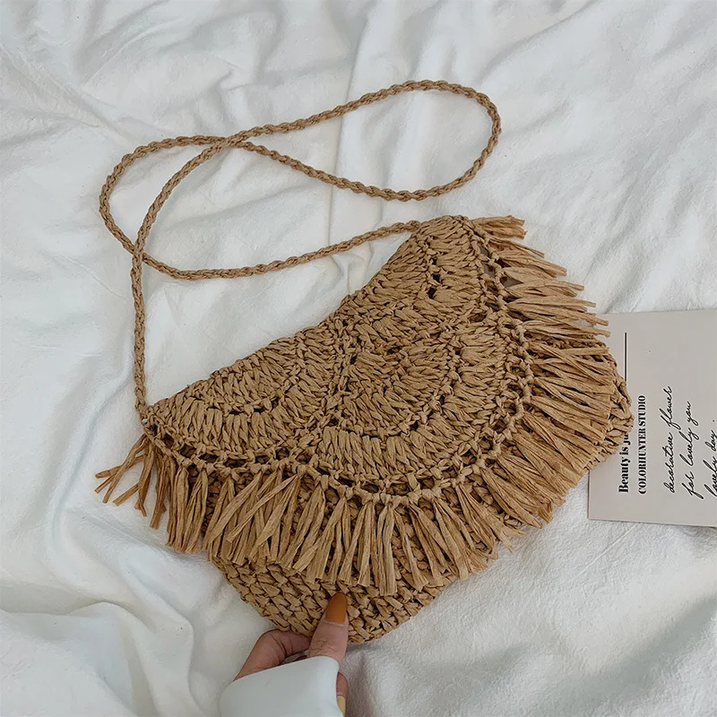 

2019 New Style Summer Straw Bag Cotton Thread Woven Bag Women's Crossbody Bag Seaside Holiday Bag Tassels Beach Bag