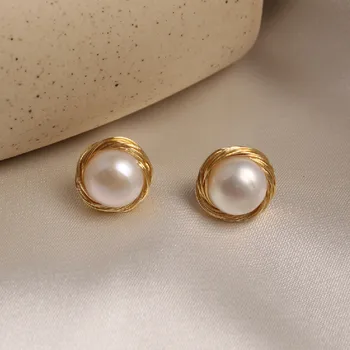 

2020 Korean hot sale fashion jewelry hand-wound freshwater pearl simple round high-grade female daily wild earrings