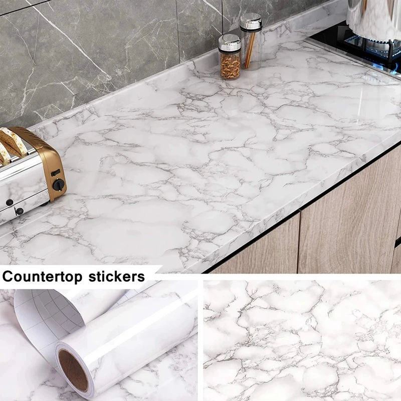 Waterproof PVC Vinyl Sticky Film for Kitchen and Countertop 30cm x 2M Marble Sticky Back Plastic Roll Self Adhesive Wallpaper with White Granite and Grey Finish 