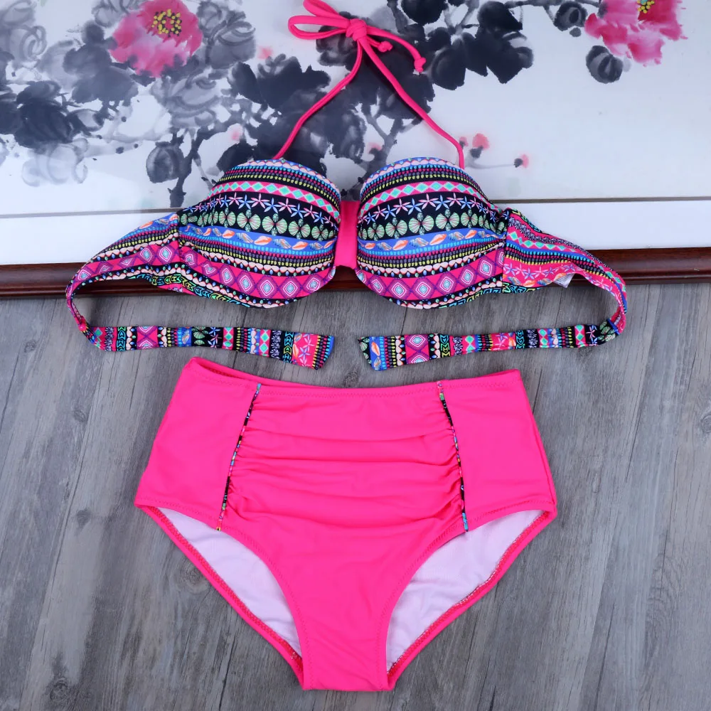 

Halter High Waist Swimsuit Women Retro Bohemia Bikini Set Push Up Bathing Suit Support Swimwear Monokini Maillot De Bain Femme