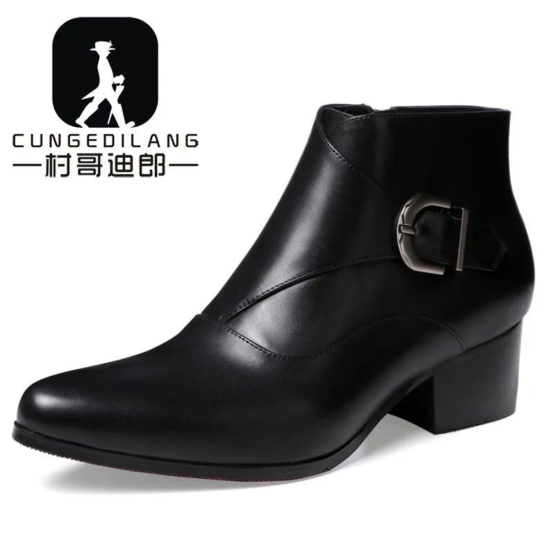 

Winter Men Pointed Short Boots Breathable Cowhide Semi-high Heeled Men's Boot England Fashionable Boots plus Velvet Mid-top Man'