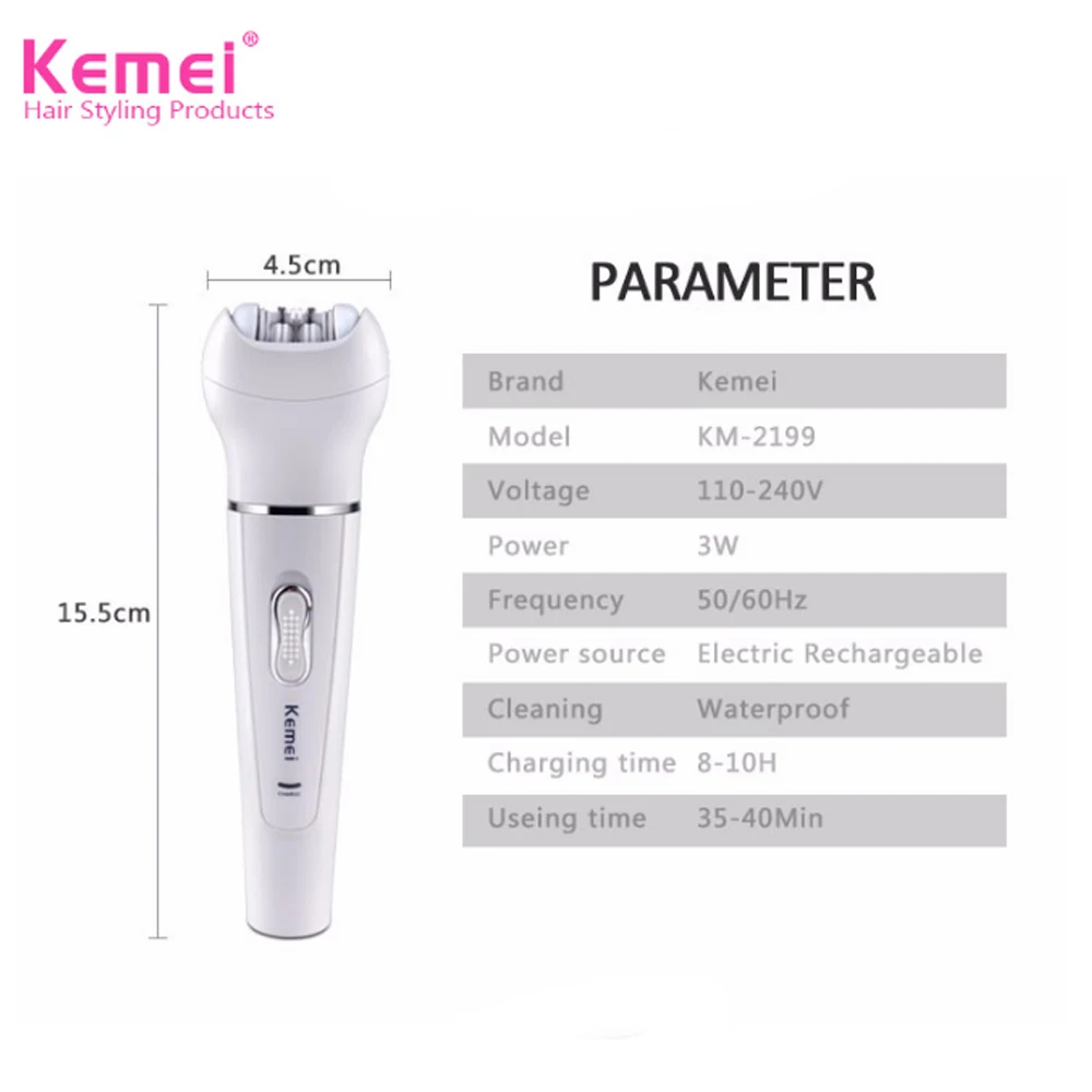 

KM-2199 5 in 1 Electric Women Hair Removal Device Rechargeable Depilator Callus Remover Face Cleansing Brush Combination packag