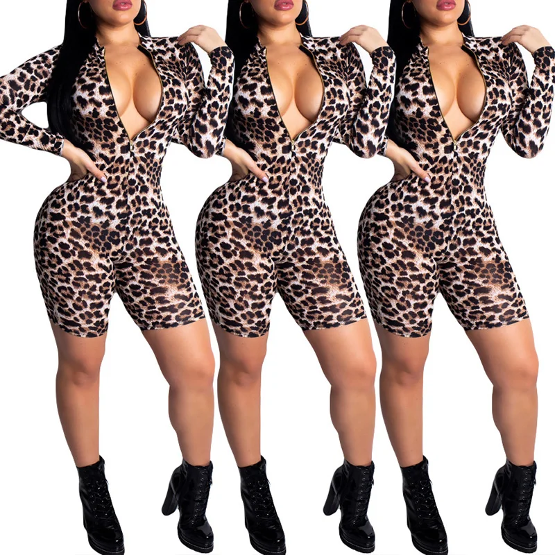NORMOV Leopard V Neck Front Zipper Jumpsuits Women Sexy Long Sleeve Playsuits Casual Autumn Bandage Skinny Playsuit