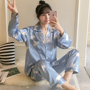 

New Lazy Style 2020 WAVMIT Long Sleeve Pajamas Silk Set 2Pcs Set Women Sleepwear Sexy Homewear for Women Pyjamas Set Long Pant