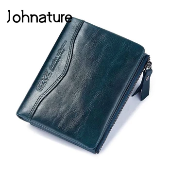 

Johnature Genuine Leather Short Men And Women Wallets And Purses 2020 New Double Zipper Multi-card Position Wallet Card Holder