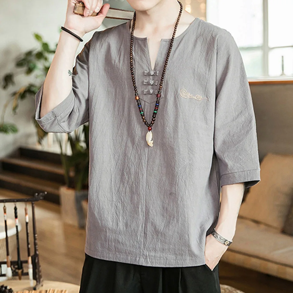 Модная мужская блузка с вышивкой, летние топы, повседневная хлопковая льняная черная белая рубашка с рукавом три четверти, Camisas Hombre