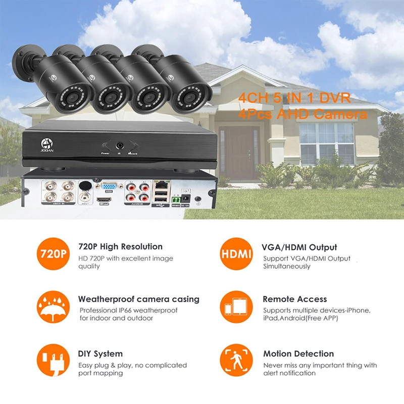 JOOAN 4CH 720P CCTV DVR система камер домашней безопасности водонепроницаемый наружный комплект видеонаблюдения