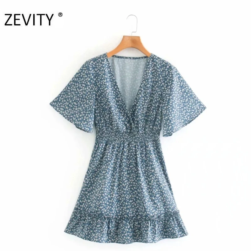 ZEVITY New women sweet v neck floral print elastic waist mini dress female short sleeve agaric lace vestidos chic dresses DS4431