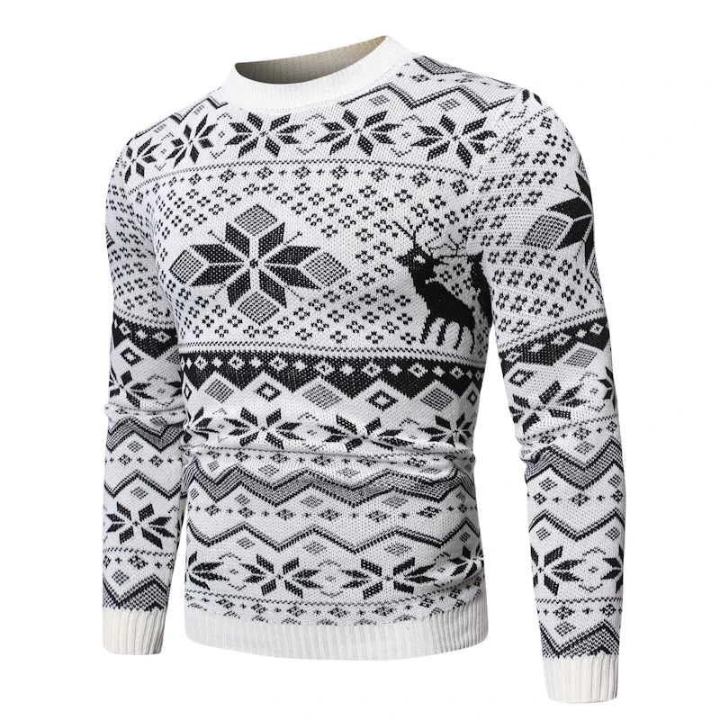Loldeal Men Long Sleeve Sweater Soft Snowflake Cotton Knit Round Neck Casual