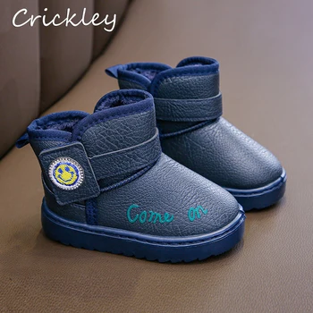 

Crystal Smile Face Boys Girls Snow Boots Pu Leather Hook Loop Children Fashion Boots Winter Plush Warm Non Slip Kids Boots