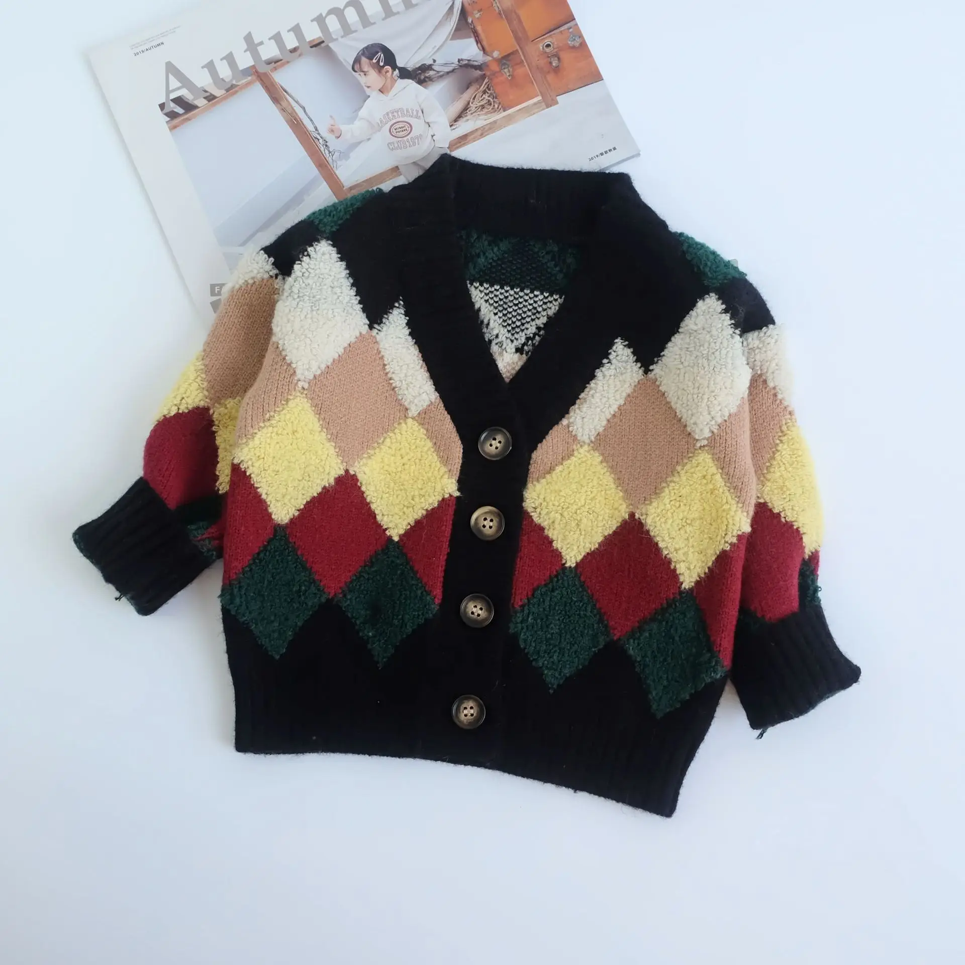Autumn Winter Fashion Baby Girls Boys Coat Geometric Print Long Sleeve V Neck Single Breasted Knitting Cardigan 1-6Y