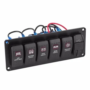 

12V-24V 6 Gang Red LED Rocker Switch Panel with 3.1A Dual USB for Car RV Boat Yacht Marine Boat Switch Panel