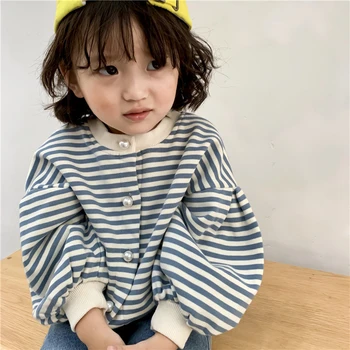 

2 3 4 5 6 Year Girls Jackets Autumn Casual Striped Lantern Sleeve Jackets For Girl Kids Clothing Fashion Pearl Girl Knit Sweater