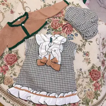 

3PCS Baby Girl Clothes Spanish vintage plaid vest dress Knit long sleeve dress for girls fashion girls clothes vestidos Y2660
