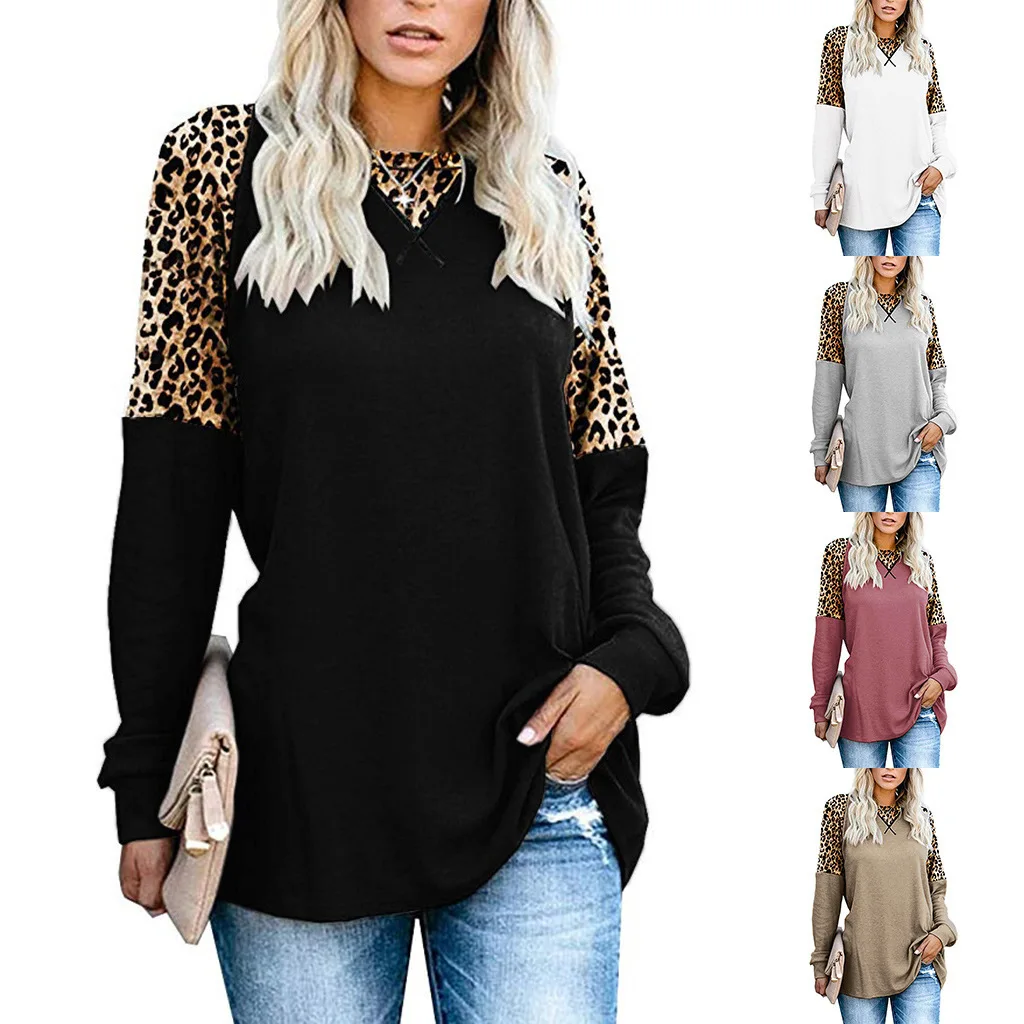 

Spring Autumn Casual Long-Sleeved T-shirt Loose Women's O Neck Leopard Print Stitching Shirt Plus Size Gothic Tops Women Vintage