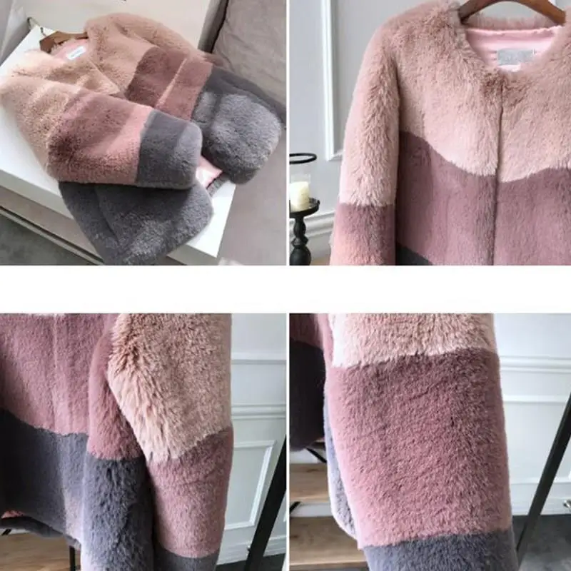 Новые зимние женские короткие куртки из искусственного меха, толстые теплые меховые полосатые теплые плюшевые пальто с круглым вырезом и длинным рукавом, меховые пальто