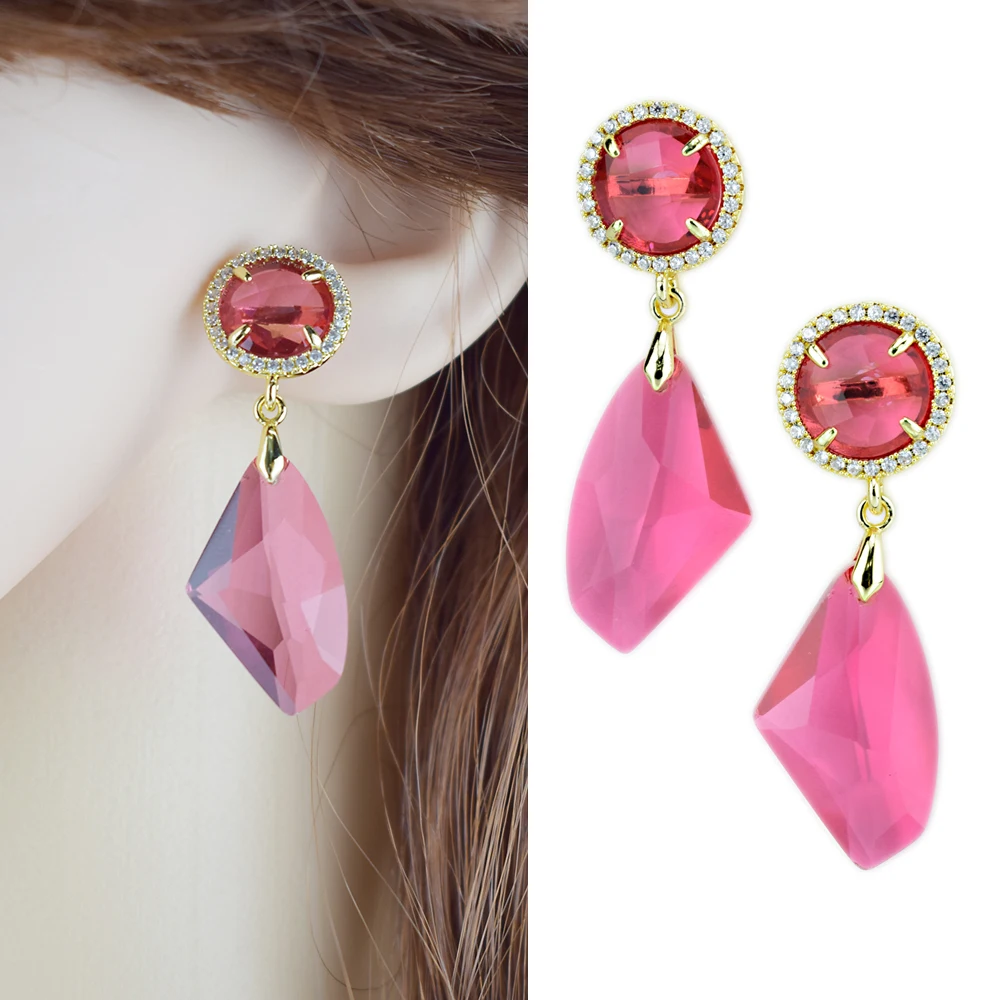 

Boho Female Crystal Pink Blue White Drop Earrings Gold Color AAA Zircon Stone Earrings Geometry Dangle Earrings for Women Gift