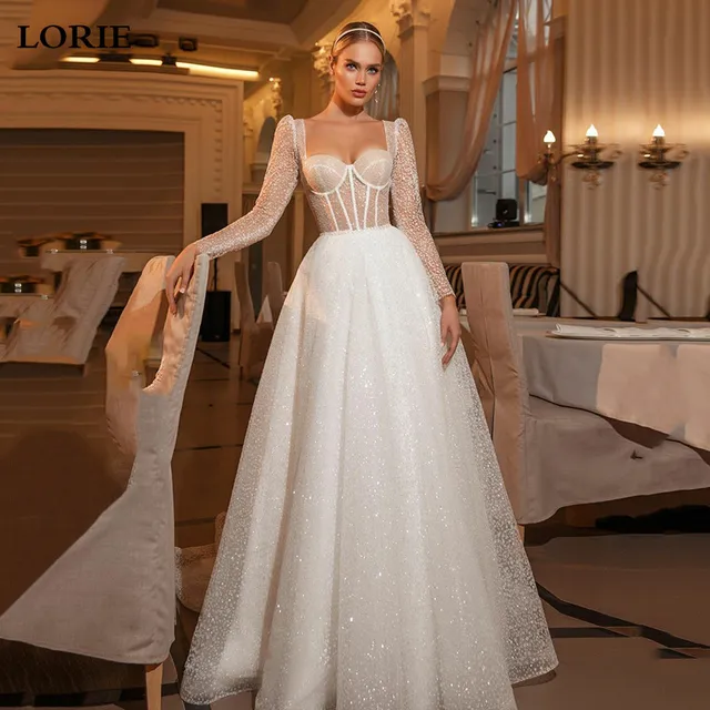 LORIE New Arrival Shiny Sweetheart Princess Wedding Dresses Long Sleeve Glitter Tulle Boho Bride dresses Vestidos de novia 2022 Ivory