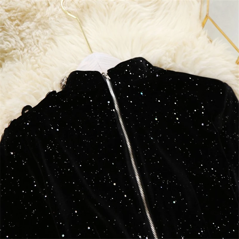 Осень, Женский комплект из 2 предметов, черный, длинный рукав, на молнии, Короткие топы, Блузка+ юбка миди, Сияющий Модный женский комплект из двух предметов