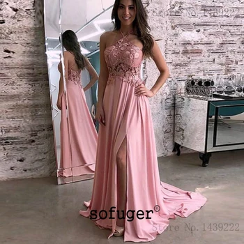 

Pink Halter Aline Evening Prom Dresses Chiffon Lace Appliques Special Occasion Formal Party Graduate Vestidos De Gala Fiesta