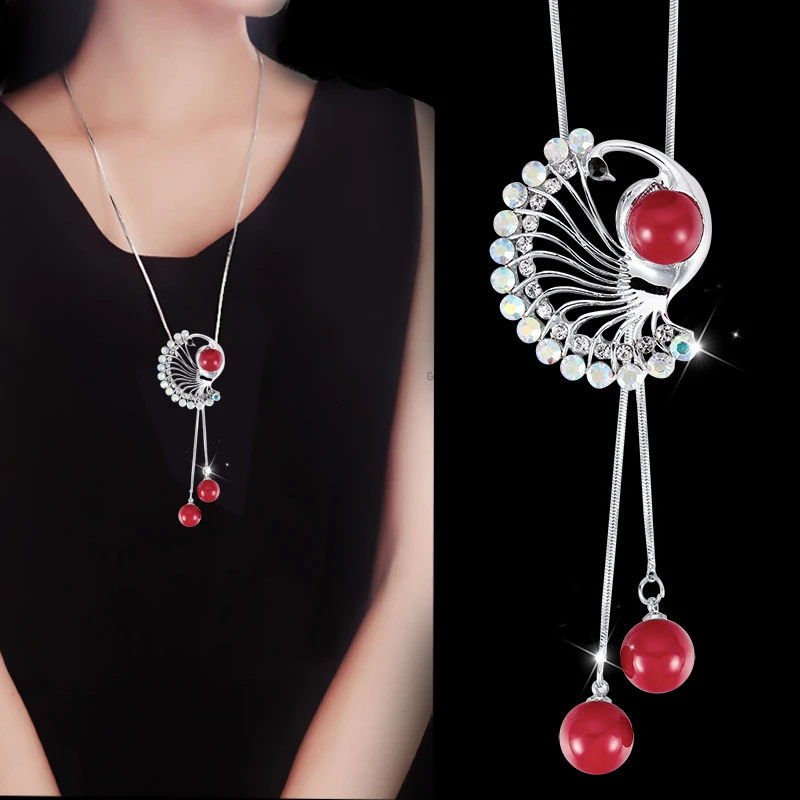 

Necklaces & Pendants For Women Classic Silver Crystal Peacock Simulated Necklaces Female Fashion Jewelry Kolye Bijoux 2019 New