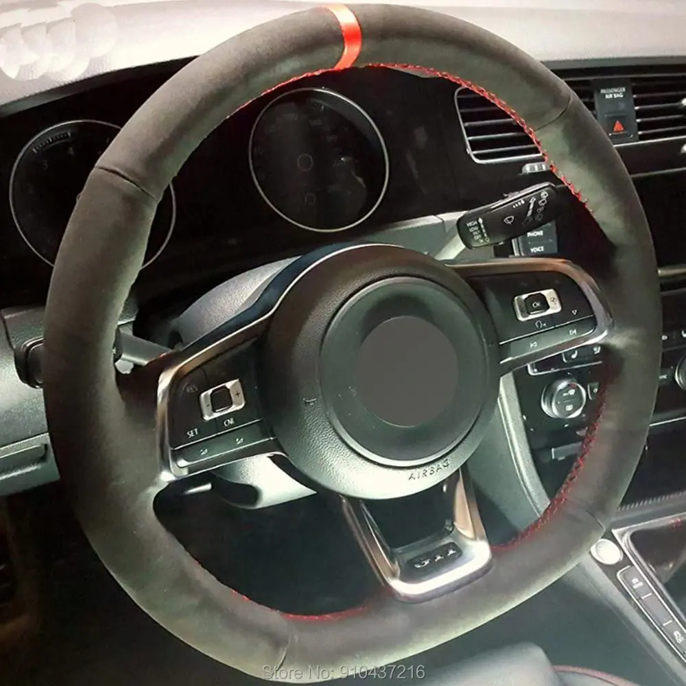 

Hand-Sewing Black Leather Suede Steering Wheel Cover for VOLKSWAGEN VW Jetta GLI Golf R Golf 7 MK7 Golf GTI 2015-2019