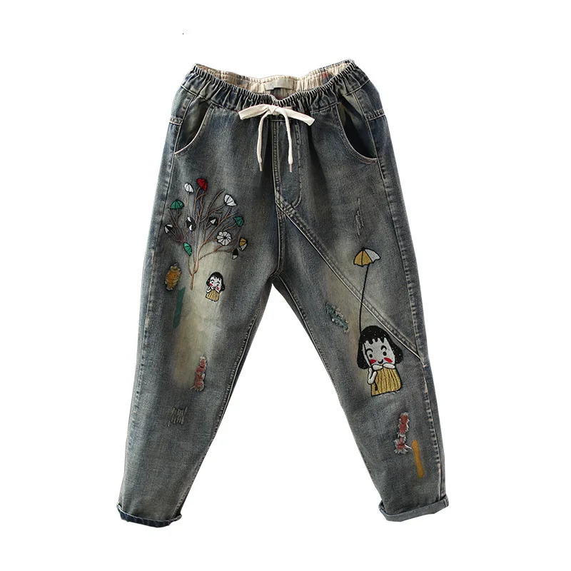 Spring Jeans Retro Loose Women Denim Pants New Elastic Waist pocket Embroidery Bleached hole Casual Denim Trousers
