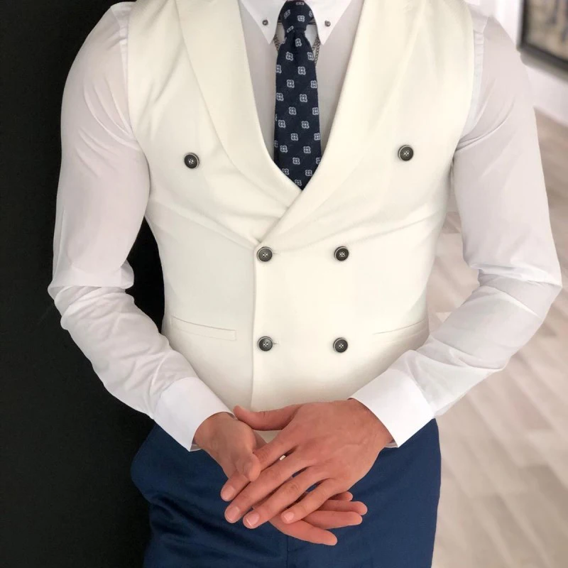 White Slim Fit Men Vest with Double Breasted One Piece Custom Male Suit Wasitcoat Peaked Lapel Wedding Gromsmen Waist Coat New 4