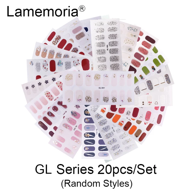 10/20pcs Full Cover Wraps Nail Polish Stickers Strips Plain Nail Art Decorations Stripe Designs Glitter Powder Manicure Tips GL-20pcs random