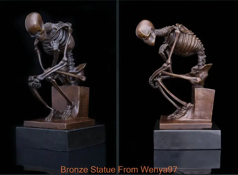 

Art Deco Sculpture Skeleton Skull The Thinker Bronze Statue Signed 21cm