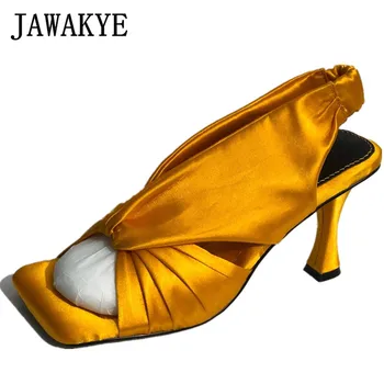 

Gold Wrapped Satin Sandals Vintage Square Open Toe Dress Shoes Women's High Heel Summer Sandals Formal Occasion Shoes
