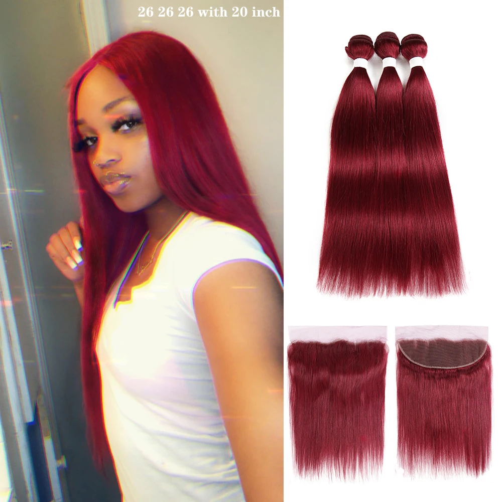 Brazilian Straight Human Hair Bundles With Frontal 13x4 99J/Burgundy Red Pre-Colored 3 Bundles With Closure Non-Remy KEMY