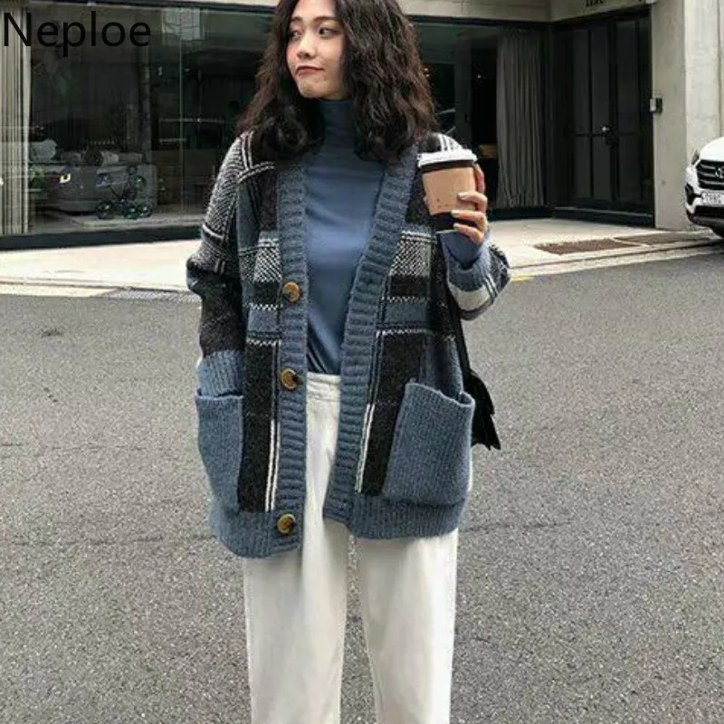 

Neploe Vintage Knit Cardigans Women Loose Crazy Style Patchwork Plaid Sweater Coat V Neck Long Sleeve Contrast Color 46758